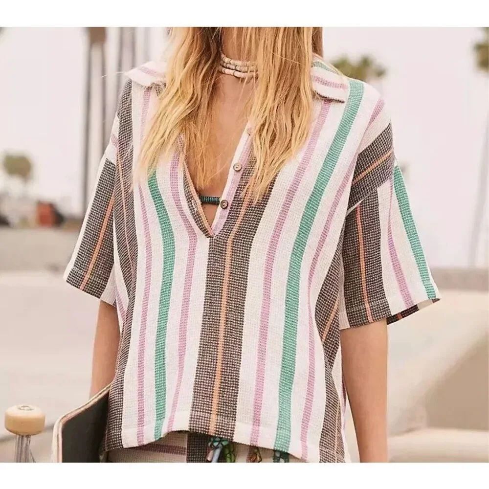 Free People Endless Summer Soleil Time Polo Shirt Top XS *Kauai Combo* NEW!